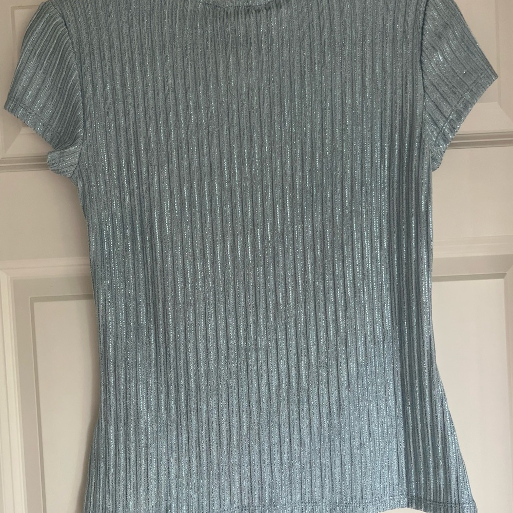 Ted Baker Metallic Blue Polo Cap Sleeve Ribbed Tee